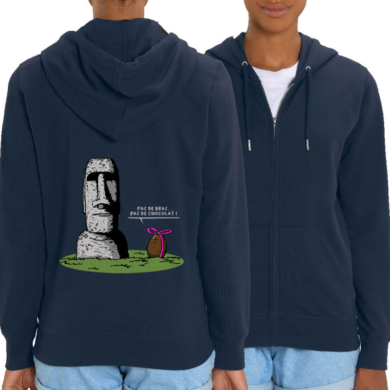 Sweat femme zippé à capuche coton bio bleu marine Pas de bras pas de chocolat (Gondrax,Humour,Fruits & Légumes)