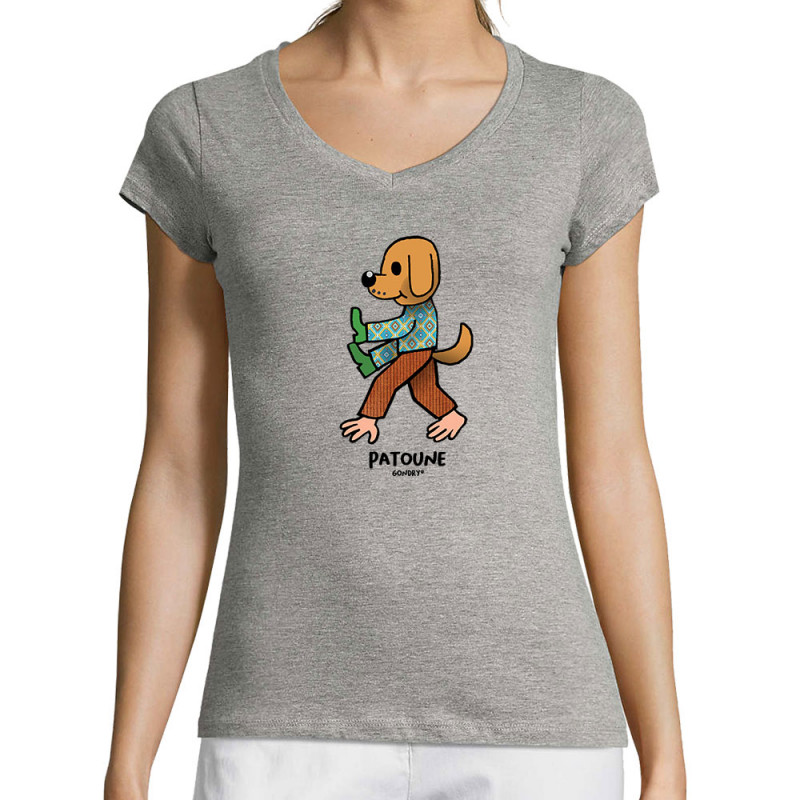 T-shirt femme col V gris chiné Patoune (Michel Gondry,Gondry©,Animaux)