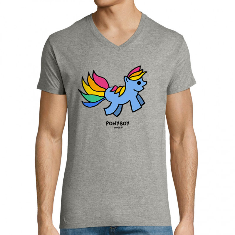 T-shirt homme col V gris chiné Pony Boy (Michel Gondry,Gondry©,Animaux)