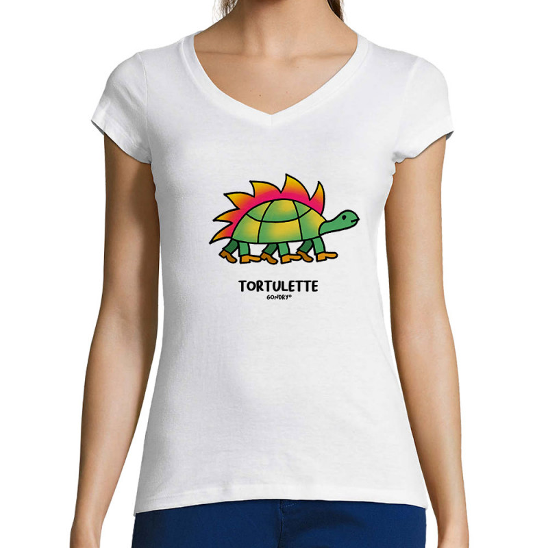 T-shirt femme col V blanc Tortulette (Michel Gondry,Gondry©,Animaux)
