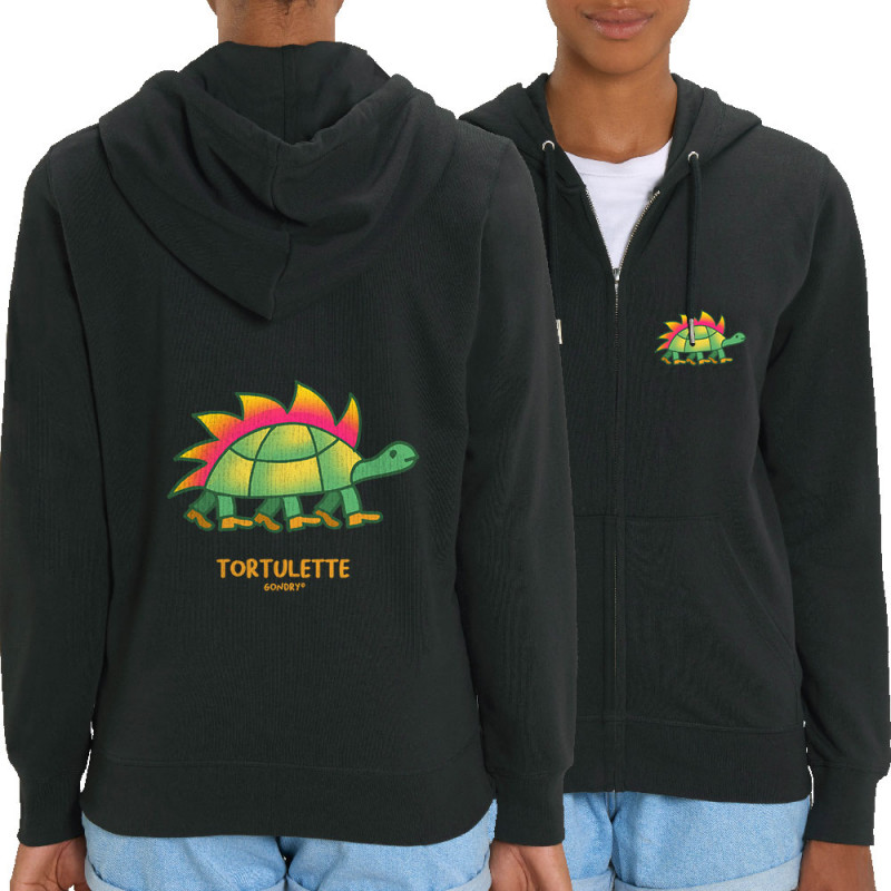 Sweat femme zippé à capuche coton bio noir Tortulette (Michel Gondry,Gondry©,Animaux)
