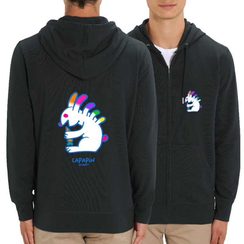Sweat homme zippé à capuche coton bio noir Lapapin (Michel Gondry,Gondry©,Animaux)