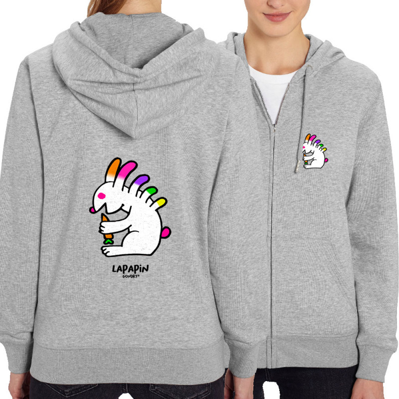 Sweat femme zippé à capuche coton bio gris chiné Lapapin (Michel Gondry,Gondry©,Animaux)