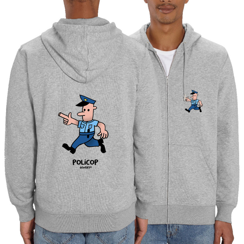 Sweat homme zippé à capuche coton bio gris chiné Policop (Michel Gondry,Gondry©,Humour)