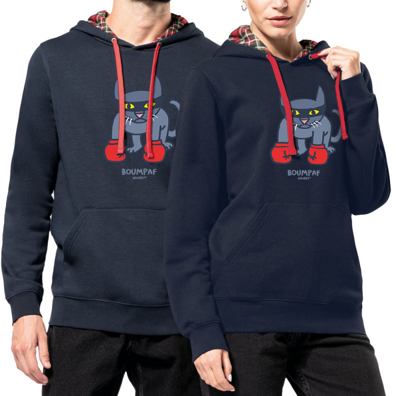 Sweat capuche à motifs unisexe bleu marine et rouge tartan Boumpaf (Michel Gondry,Gondry©,Animaux,Chats)