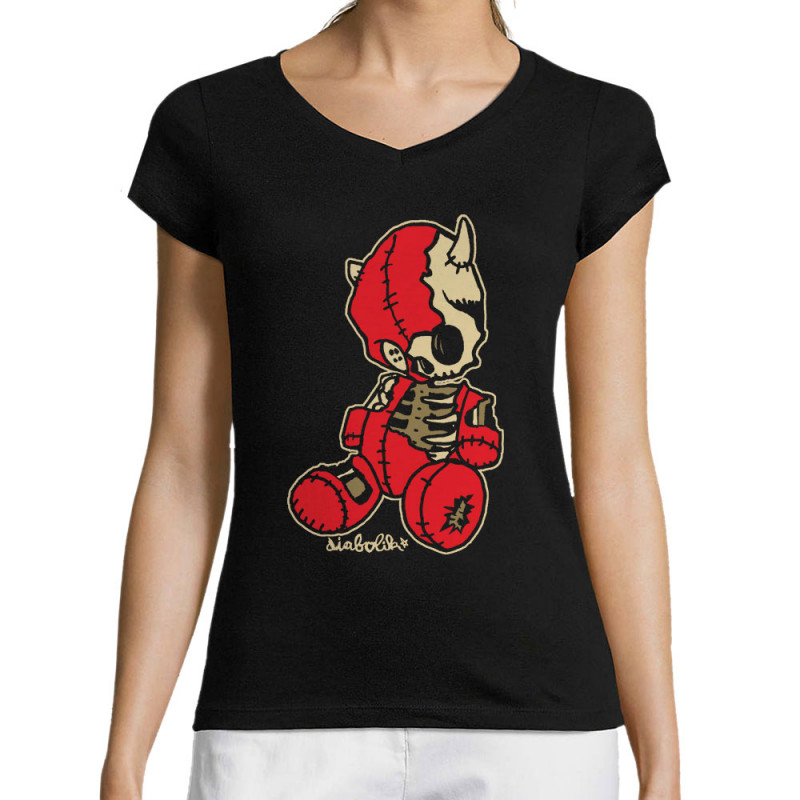T-shirt femme col V noir Dead Puppet (Diabolik,Têtes de morts)