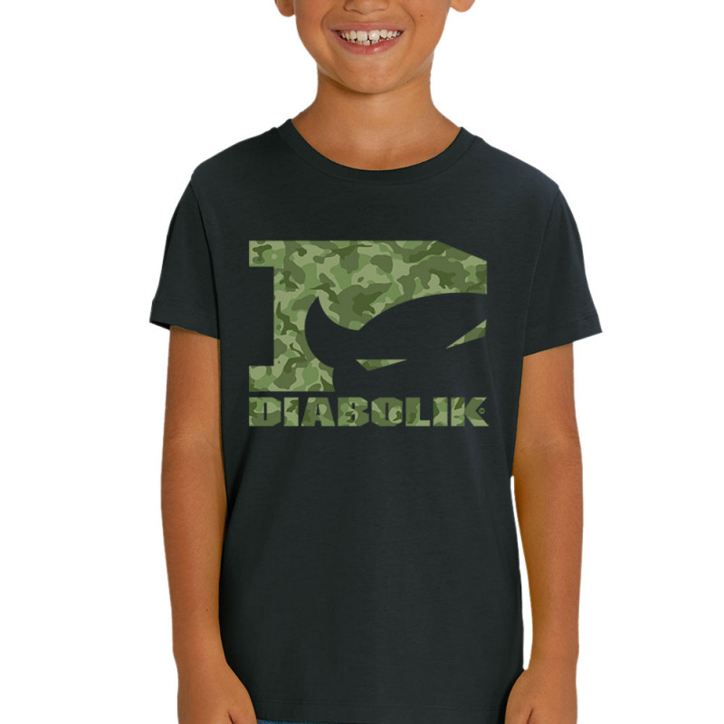 T-shirt enfant coton bio noir Green camo logo (Diabolik)