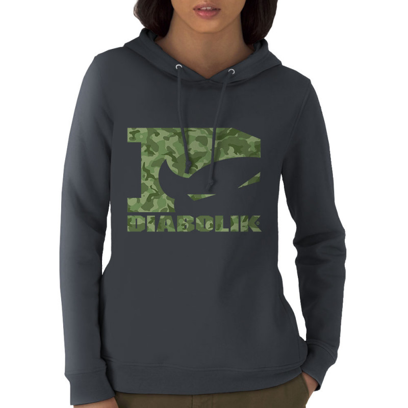 Sweat femme à capuche coton bio gris anthracite Green camo logo (Diabolik)