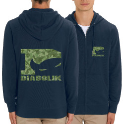 Sweat homme zippé à capuche coton bio bleu marine Green camo logo (Diabolik)