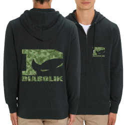 Sweat homme zippé à capuche coton bio noir Green camo logo (Diabolik)