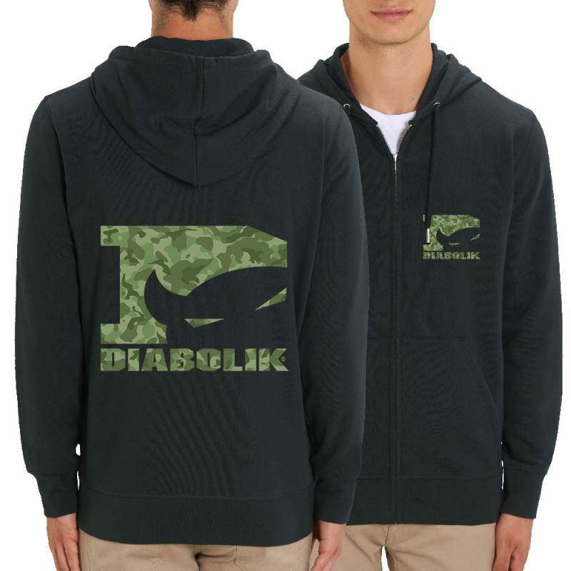 Sweat homme zippé à capuche coton bio noir Green camo logo (Diabolik)