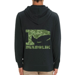 Sweat homme zippé à capuche coton bio noir Green camo logo (Diabolik)