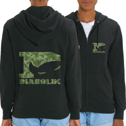 Sweat femme zippé à capuche coton bio noir Green camo logo (Diabolik)