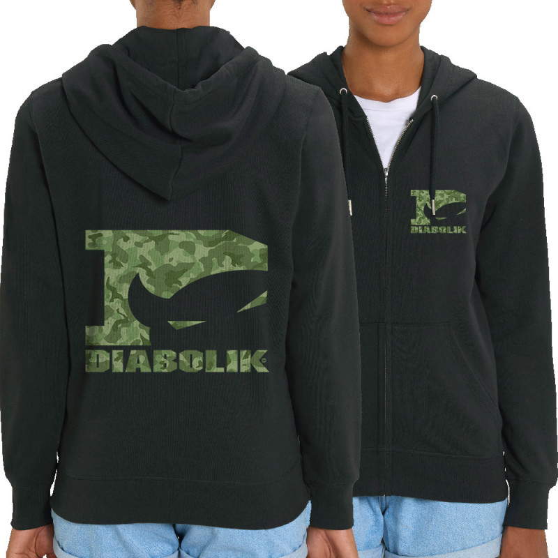 Sweat femme zippé à capuche coton bio noir Green camo logo (Diabolik)