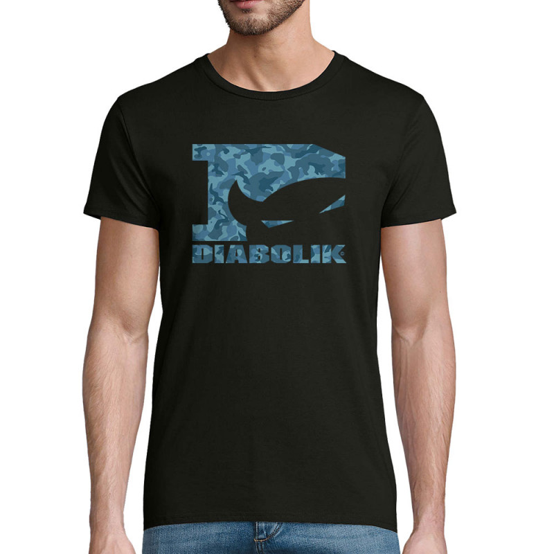 T-shirt homme coton bio noir Blue camo logo (Diabolik)