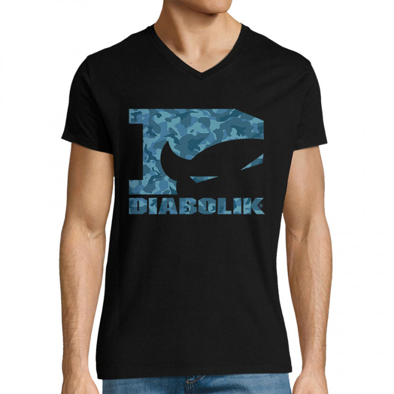 T-shirt homme col V noir Blue camo logo (Diabolik)