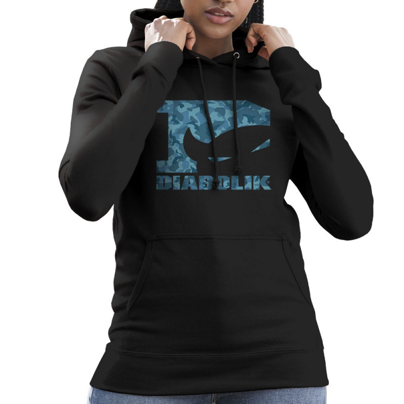 Sweat femme à capuche noir Blue camo logo (Diabolik)