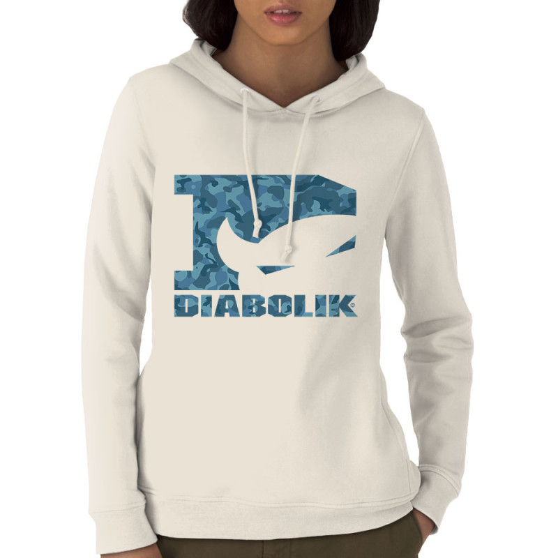 Sweat femme à capuche coton bio naturel Blue camo logo (Diabolik)