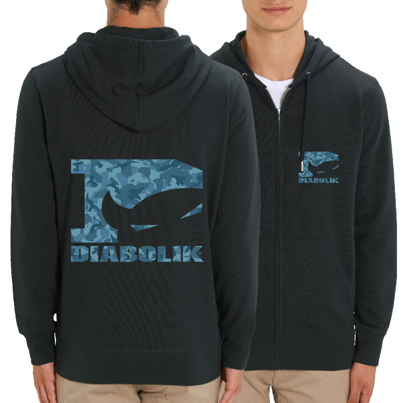 Sweat homme zippé à capuche coton bio noir Blue camo logo (Diabolik)