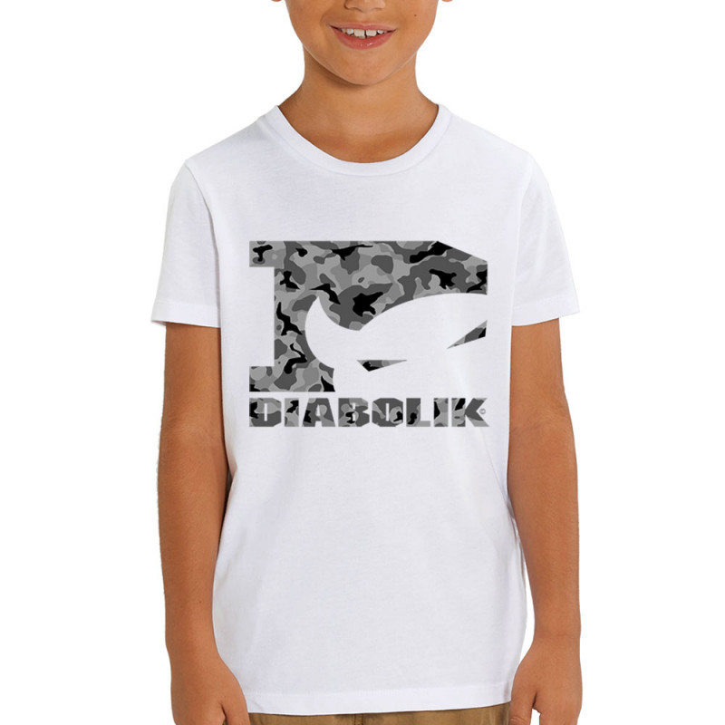 T-shirt enfant coton bio blanc Grey camo logo (Diabolik)
