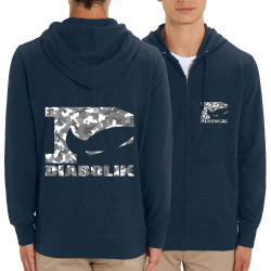 Sweat homme zippé à capuche coton bio bleu marine Grey camo logo (Diabolik)