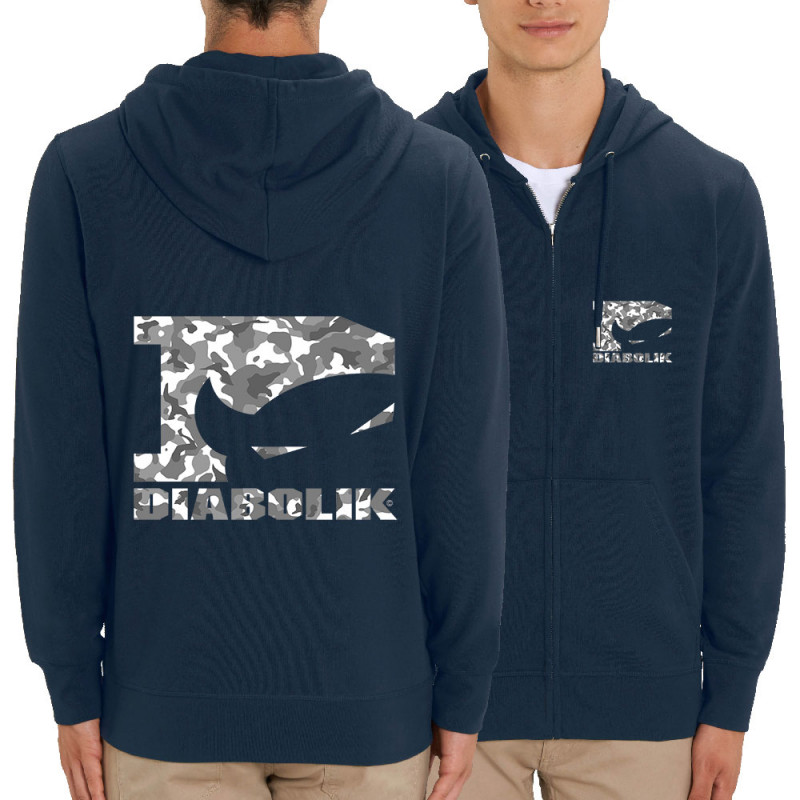 Sweat homme zippé à capuche coton bio bleu marine Grey camo logo (Diabolik)