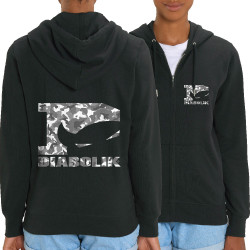 Sweat femme zippé à capuche coton bio noir Grey camo logo (Diabolik)