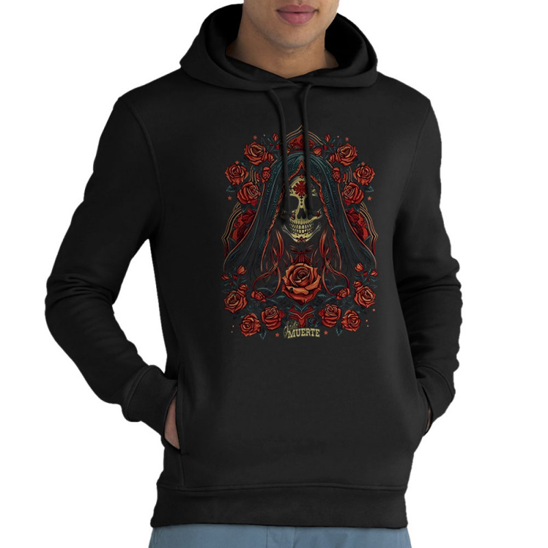 Sweat homme à capuche coton bio noir Holy Santa Muerte (Santa Muerte,Têtes de morts)