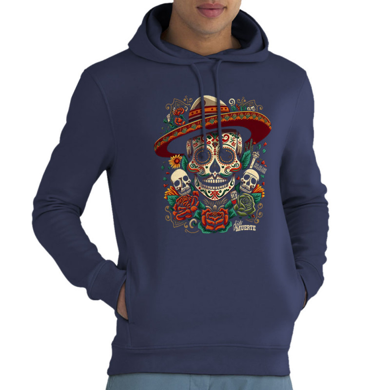 Sweat homme à capuche coton bio bleu marine Dia de los muertos (Santa Muerte,Têtes de morts)