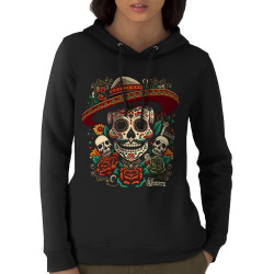 Sweat femme à capuche coton bio noir Dia de los muertos (Santa Muerte,Têtes de morts)