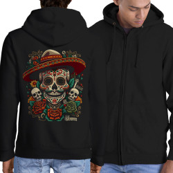 Sweat homme à capuche zippé noir Dia de los muertos (Santa Muerte,Têtes de morts)