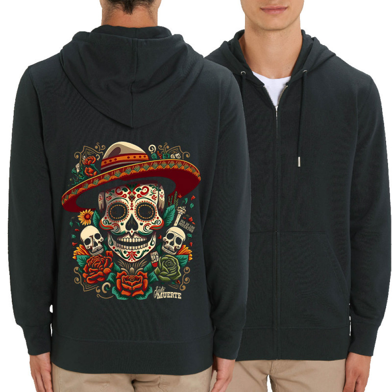 Sweat homme zippé à capuche coton bio noir Dia de los muertos (Santa Muerte,Têtes de morts)