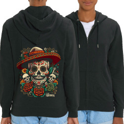 Sweat femme zippé à capuche coton bio noir Dia de los muertos (Santa Muerte,Têtes de morts)