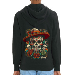 Sweat femme zippé à capuche coton bio noir Dia de los muertos (Santa Muerte,Têtes de morts)