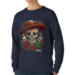 Sweat homme bio col rond bleu marine Dia de los muertos (Santa Muerte,Têtes de morts)