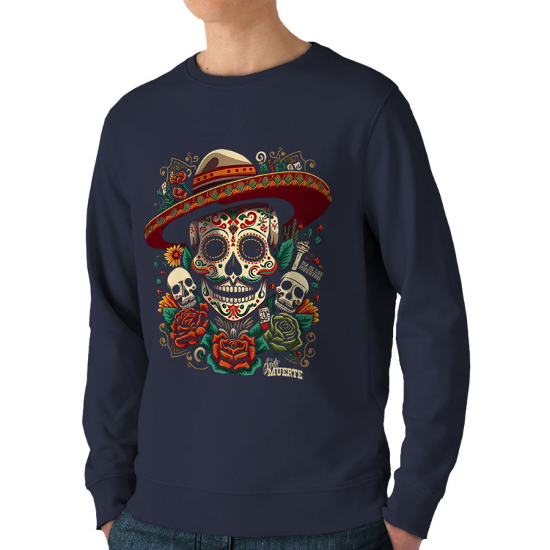 Sweat homme bio col rond bleu marine Dia de los muertos (Santa Muerte,Têtes de morts)