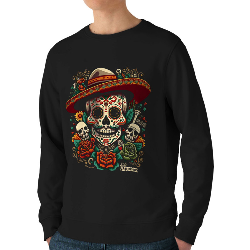 Sweat homme bio col rond noir Dia de los muertos (Santa Muerte,Têtes de morts)
