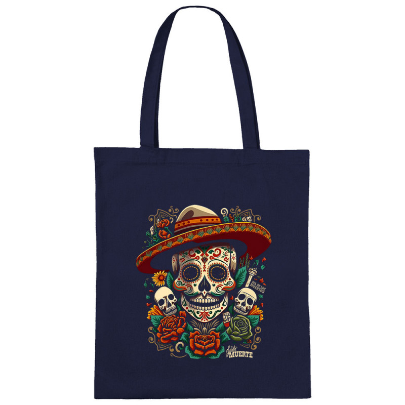 Sac shopping en toile bleu marine Dia de los muertos (Santa Muerte,Têtes de morts)