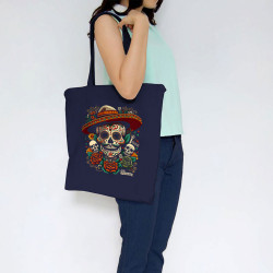 Sac shopping en toile bleu marine Dia de los muertos (Santa Muerte,Têtes de morts)