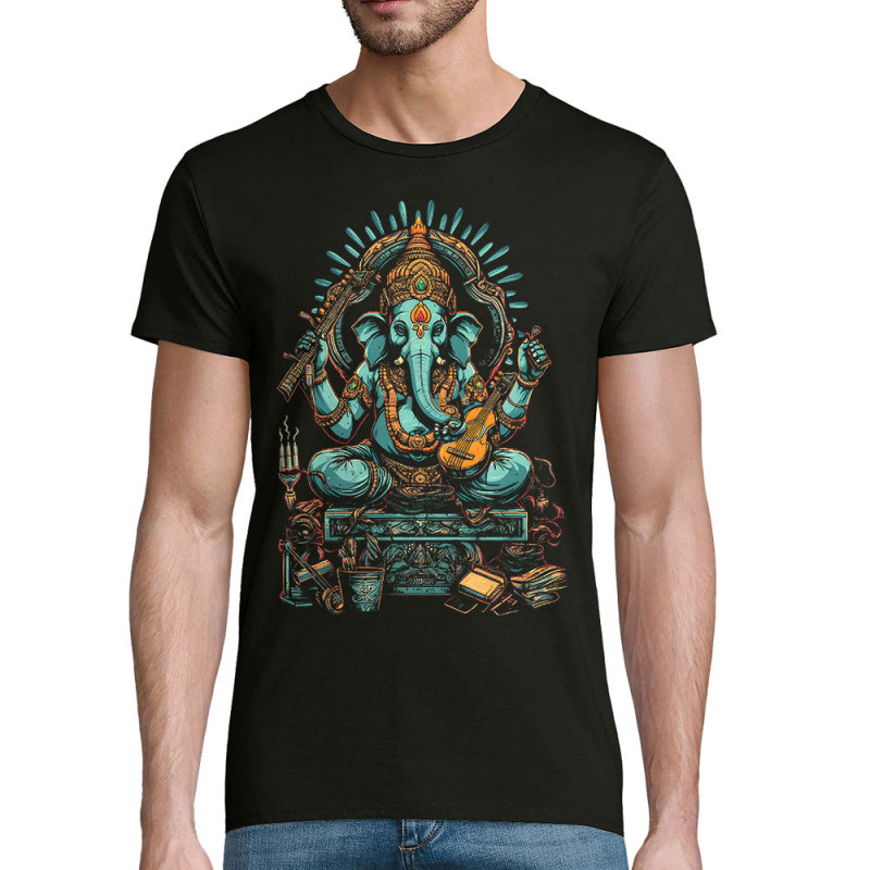 T-shirt homme coton bio noir Musical Ganesh (Ethnique,Animaux)