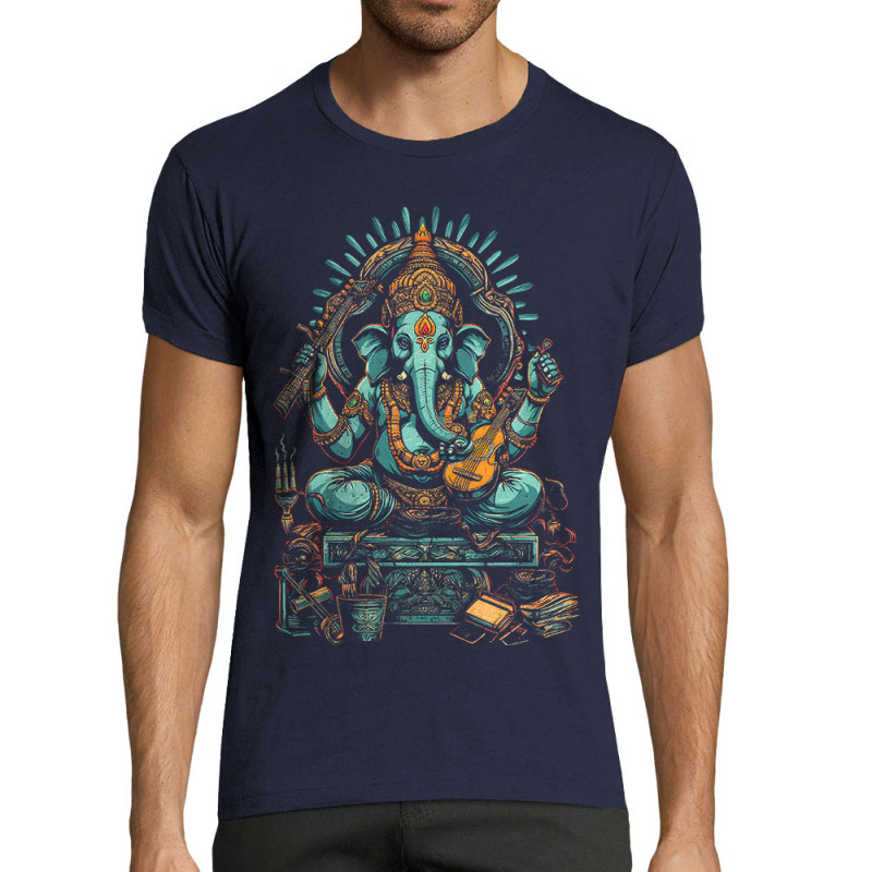 T-shirt homme fit bleu marine Musical Ganesh (Ethnique,Animaux)