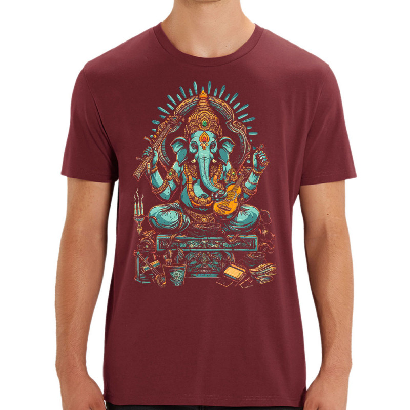 T-shirt homme coton bio bordeaux Musical Ganesh (Ethnique,Animaux)