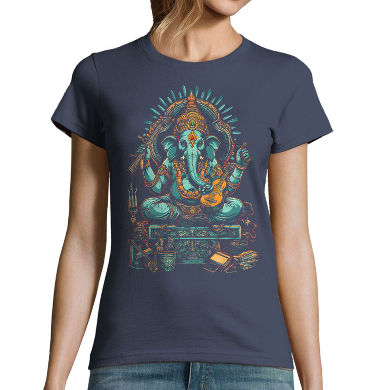 T-shirt femme bleu denim Musical Ganesh (Ethnique,Animaux)