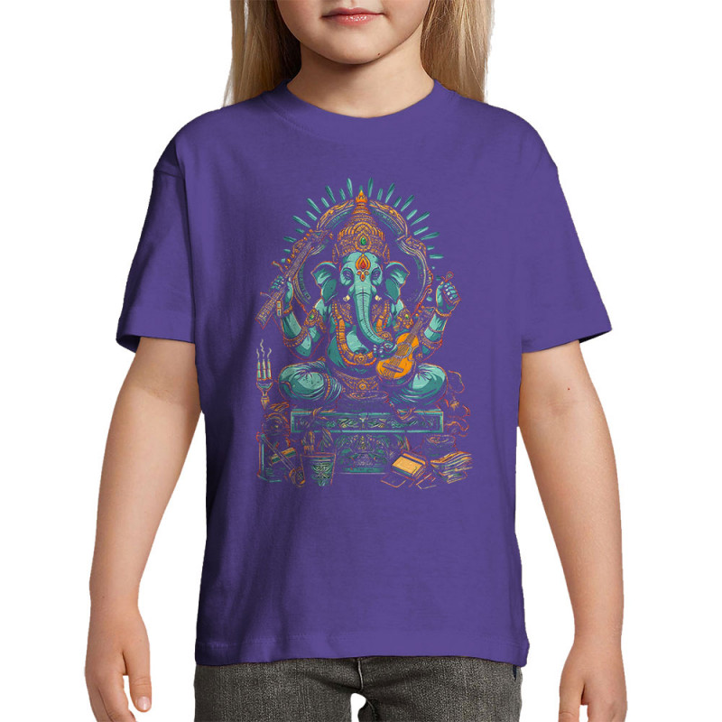 T-shirt enfant violet foncé Musical Ganesh (Ethnique,Animaux)