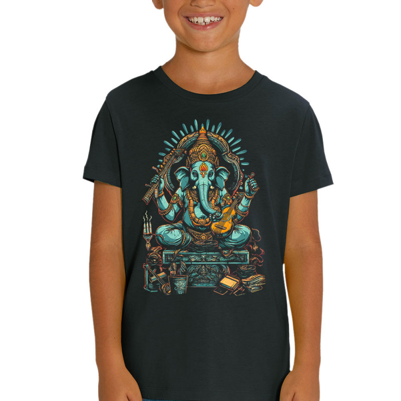 T-shirt enfant coton bio noir Musical Ganesh (Ethnique,Animaux)