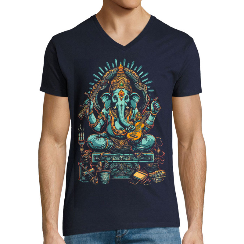 T-shirt homme col V bleu marine Musical Ganesh (Ethnique,Animaux)