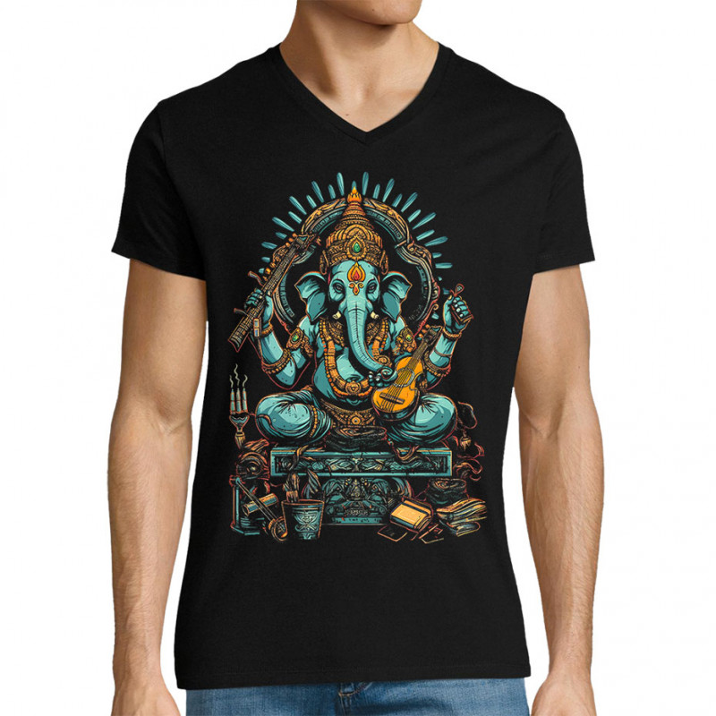 T-shirt homme col V noir Musical Ganesh (Ethnique,Animaux)