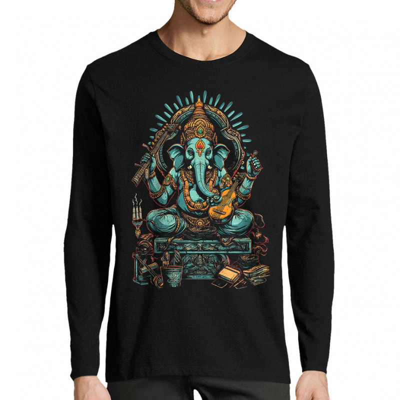 T-shirt homme manches longues noir Musical Ganesh (Ethnique,Animaux)