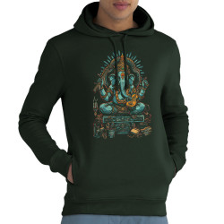 Sweat homme à capuche coton bio vert foncé Musical Ganesh (Ethnique,Animaux)