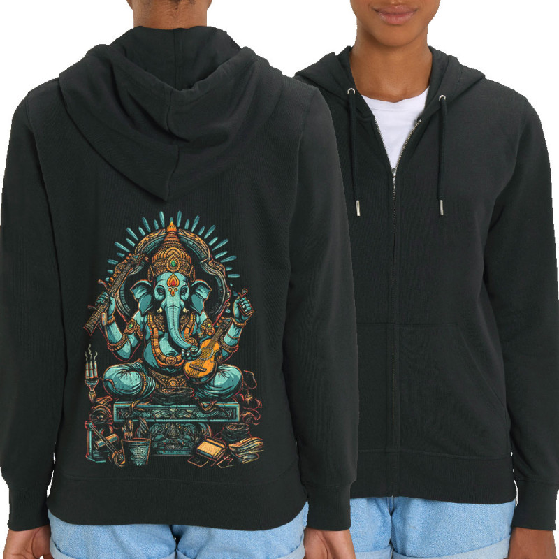 Sweat femme zippé à capuche coton bio noir Musical Ganesh (Ethnique,Animaux)